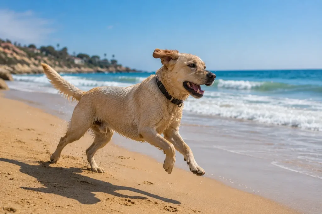 Perro corriendo en la playa