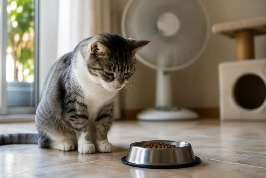 Gat intentant menjar pinso durant un dia calorós d’estiu